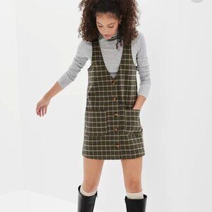 American Eagle Dress Women's Size S Green Plaid Button Front Mini V Neck